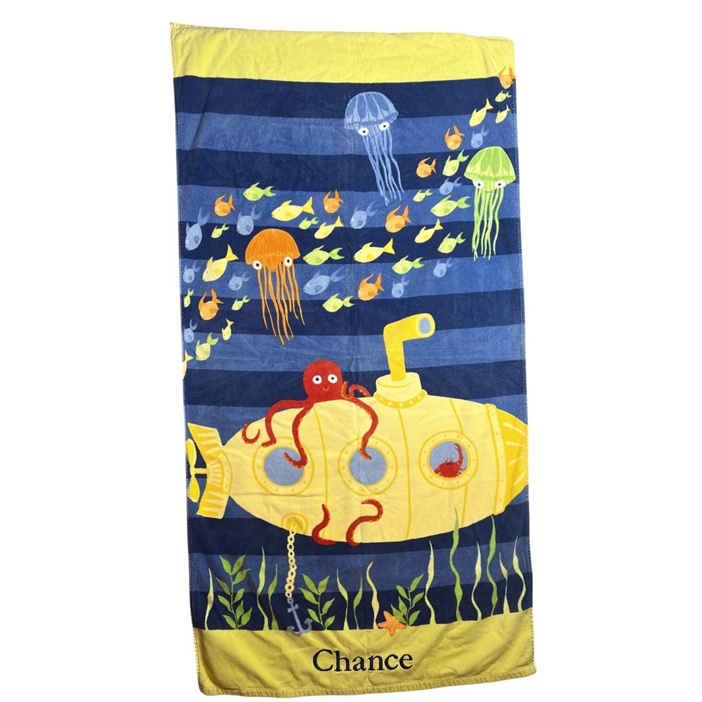 Pottery‎ Barn Kids Beach Towel Submarine Sea Life Personalized Name CHANCE 61x31